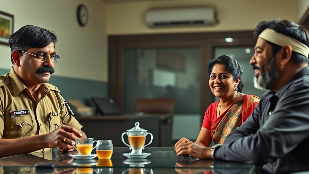 Inspector Arjun Sips Tea in a Jovial Police Office