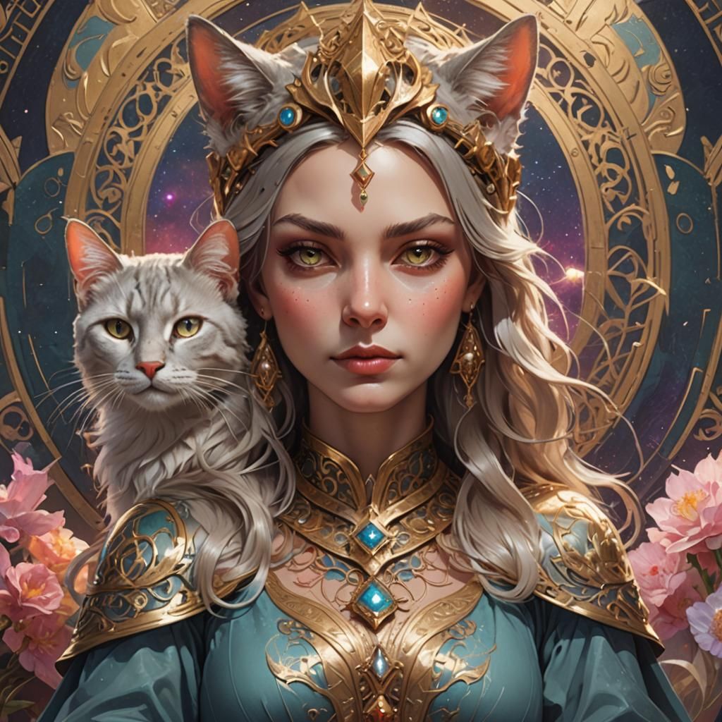 Queen of Cats Tarot Card in Art Nouveau Style