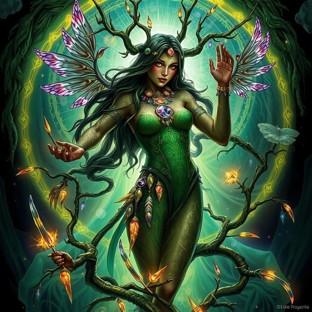 Shamanic Dryad Emerges from Luminous Vortex