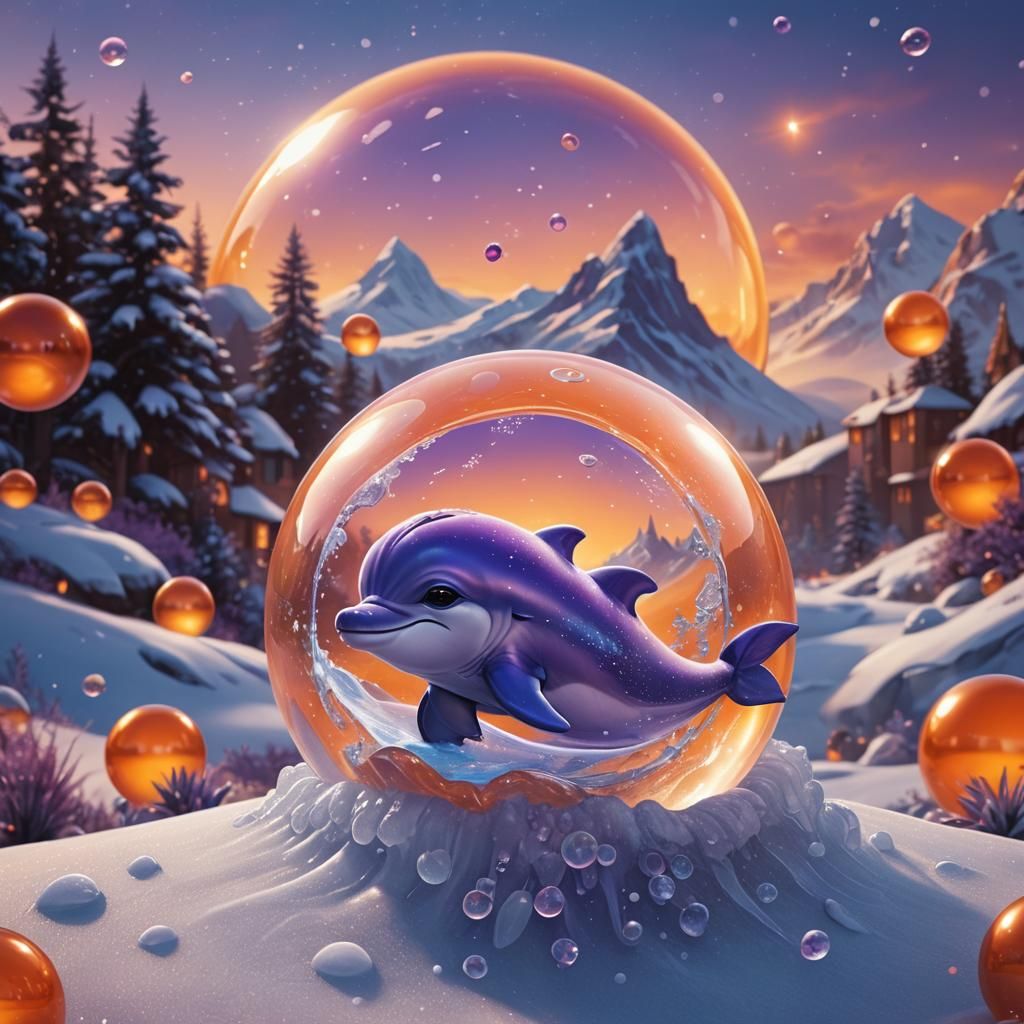 Purple Dolphin Slides Down Hill in Bubble