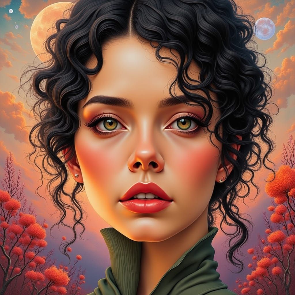 A woman with curly dark hair and hazel eyes stands in a vibr...