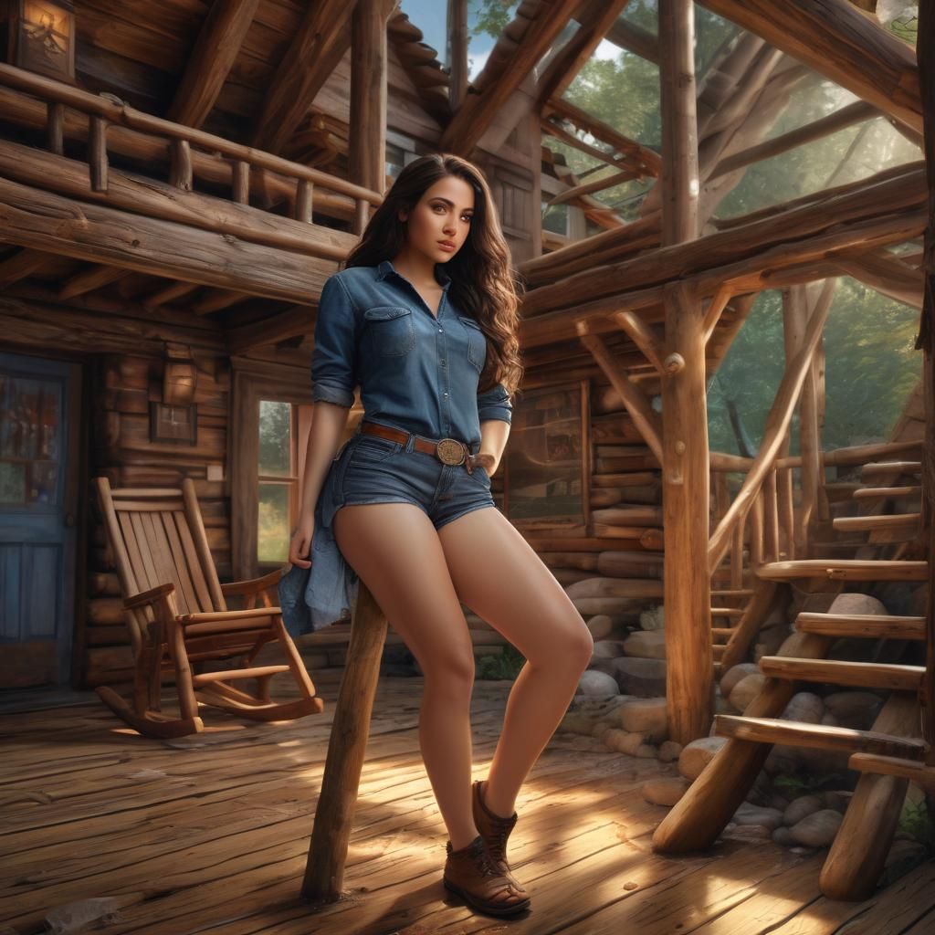 Curvy Woman in Log Cabin: Hyperrealistic Splash Art
