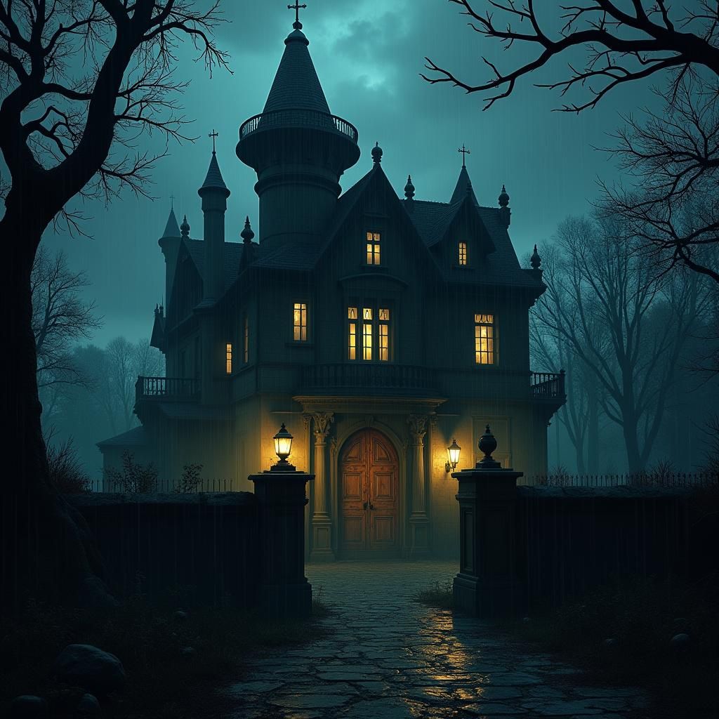 Mysterious Mansion in Midnight Rain: Fantasy Concept Art