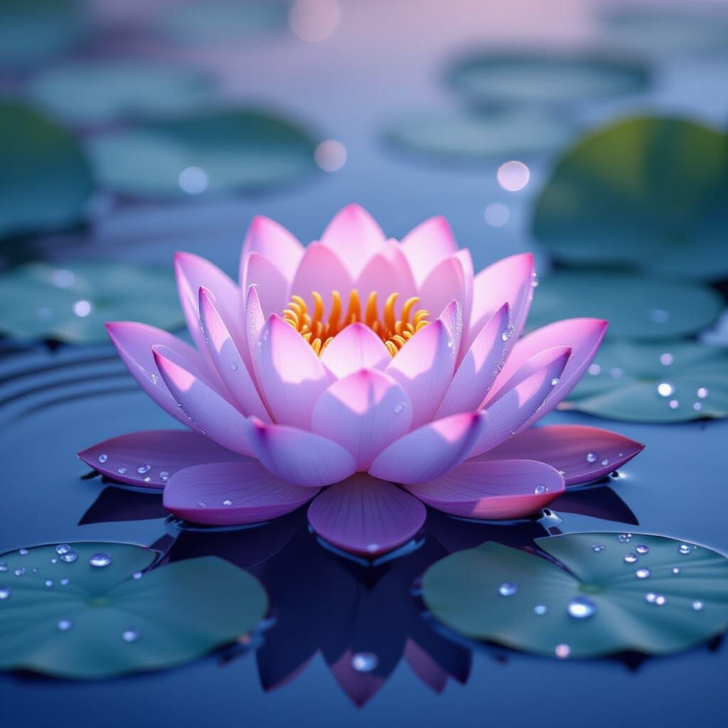 Blooming Lotus Flower with Crystalline Raindrops
