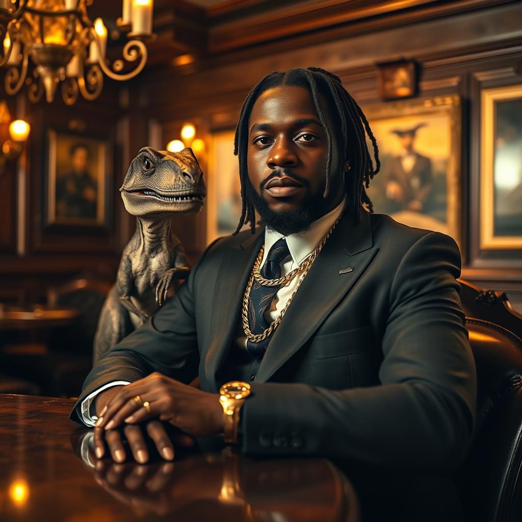 Rapper with Velociraptor in Cinematic Portrait