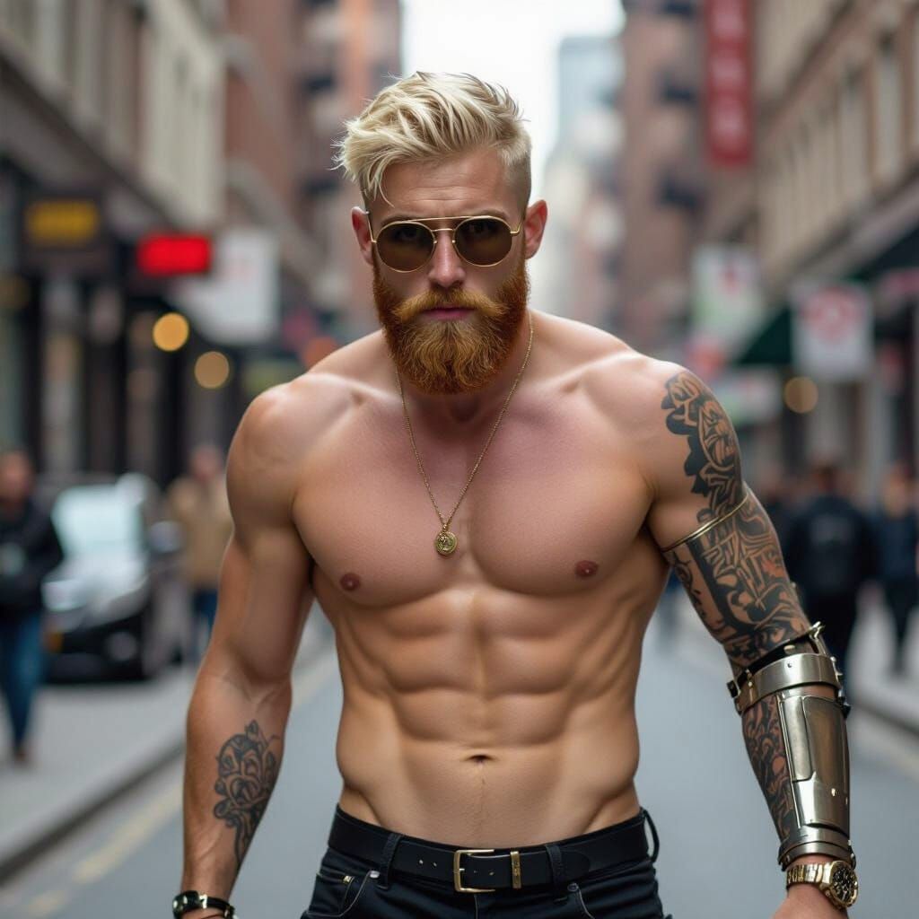 Street Parkour Figure with Metal Arm and Glowing Tattoos