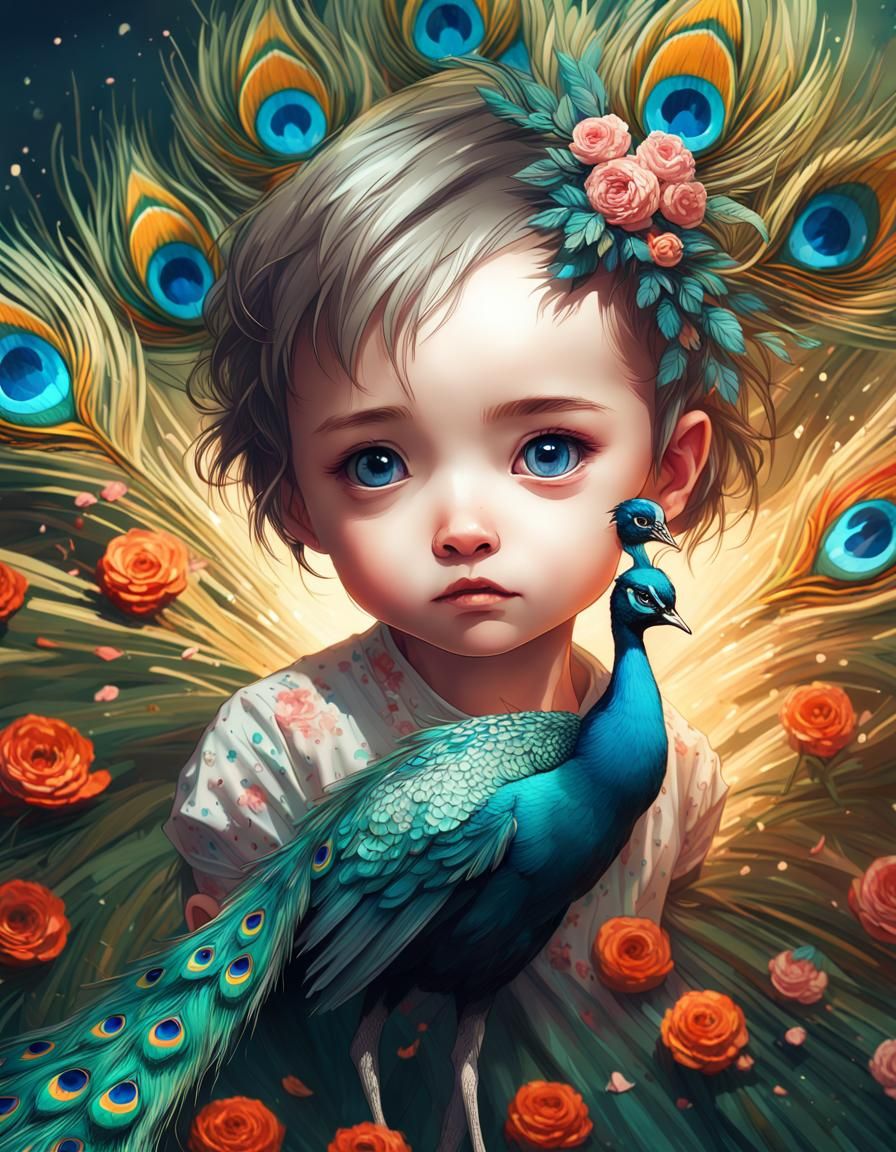 Detailed Colorful Baby Peacock Digital Painting