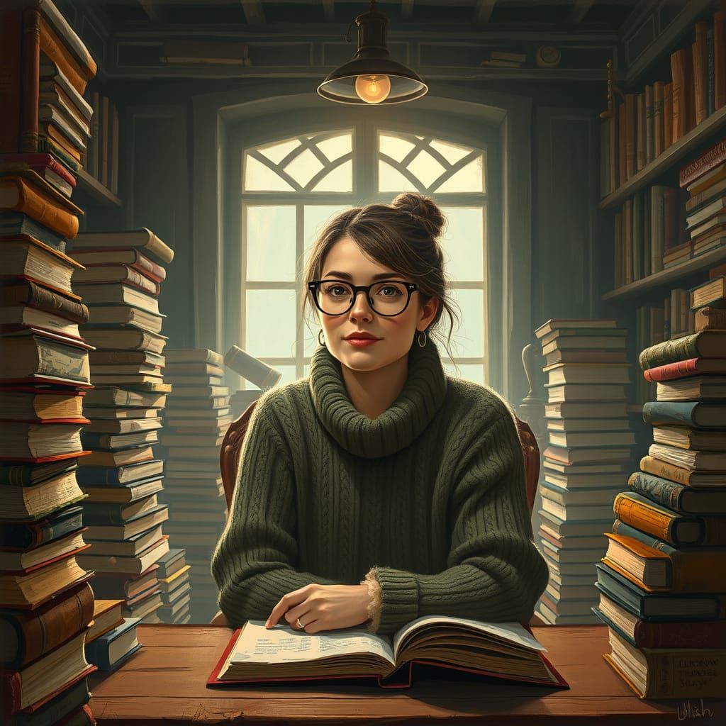 Cozy Woman Reading in Library, Digital Painting