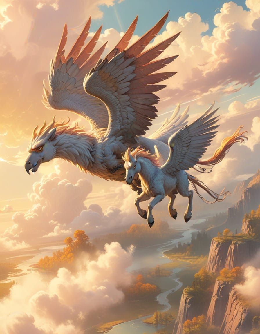 Griffin and Pegasus Soaring Over Pastel Landscape