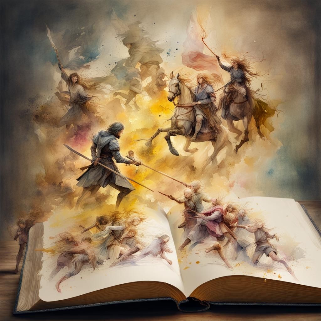 Disintegrating Book and Medieval Battle in Watercolor