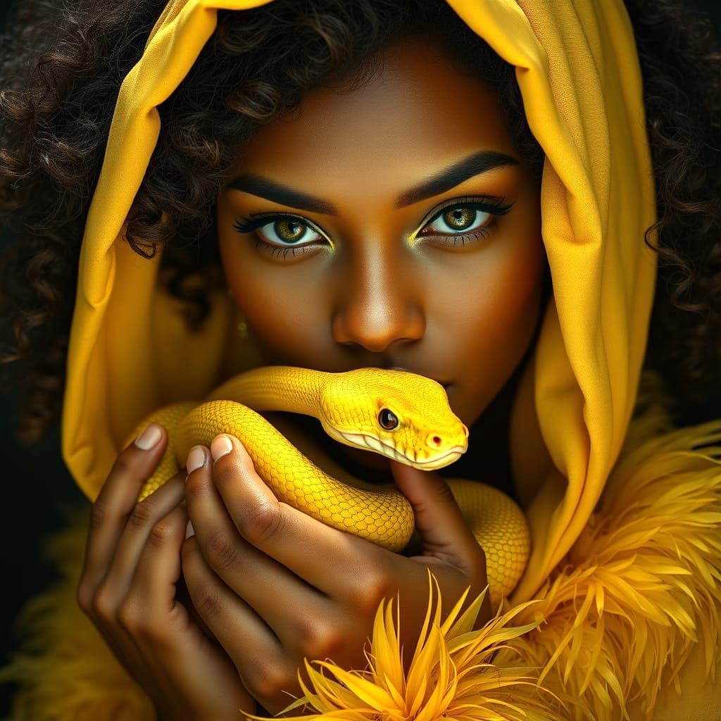 Seductive Woman Basks in Gentle Affection with a Yellow Snak...