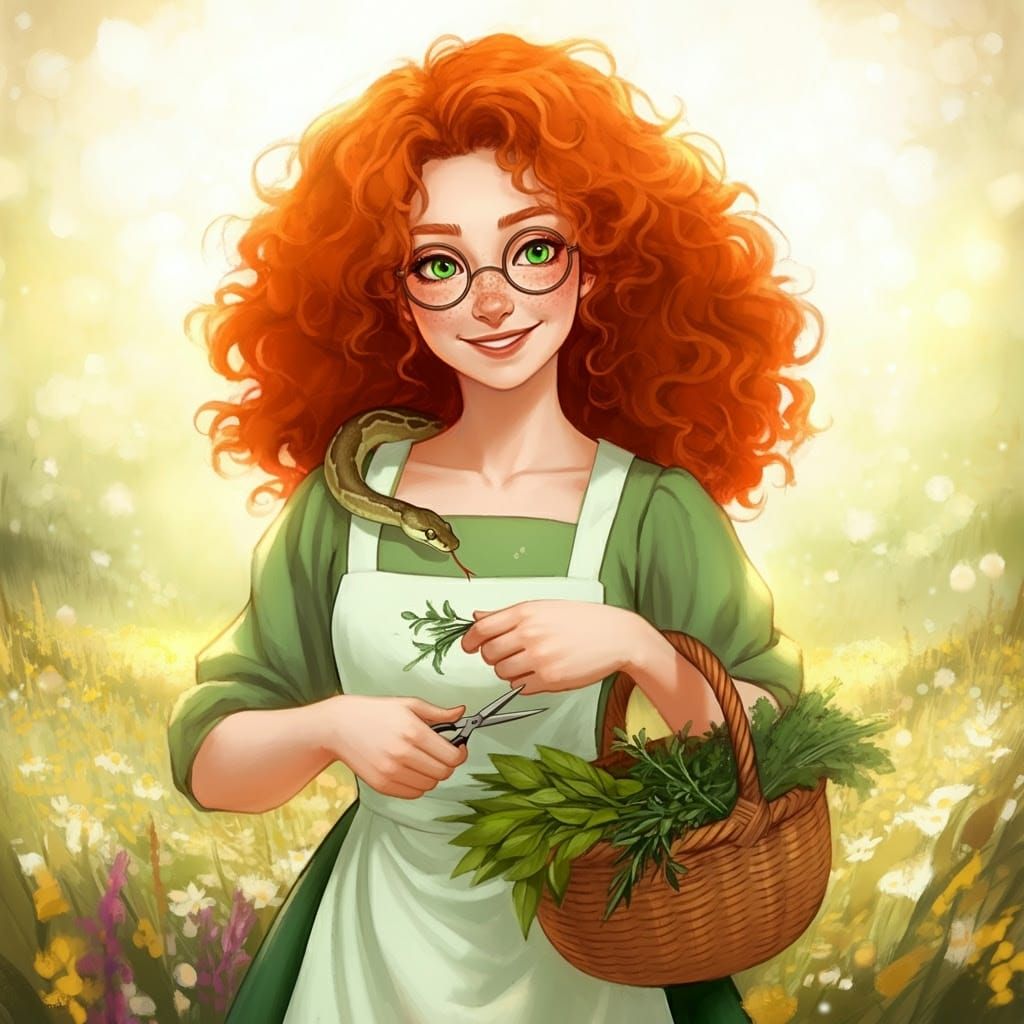 Red-Haired Witch in Whimsical Springtime Meadow