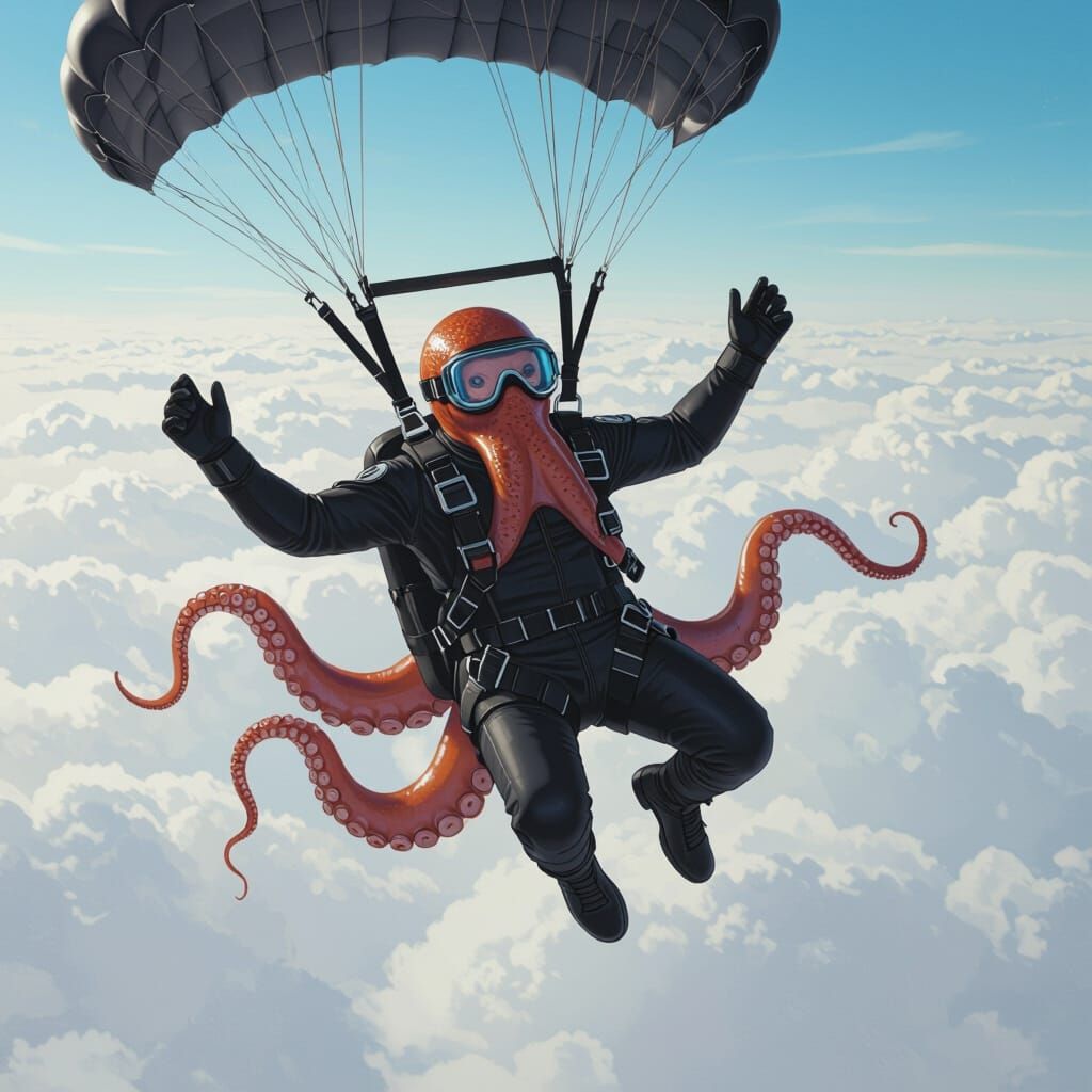 Octopus Skydiving with Parachute in Digital Art Style