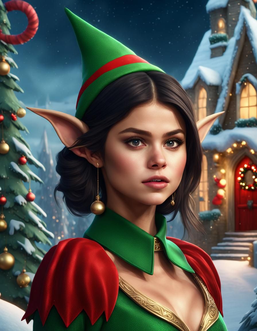 Selena Gomez as a Christmas Elf with pointy ears