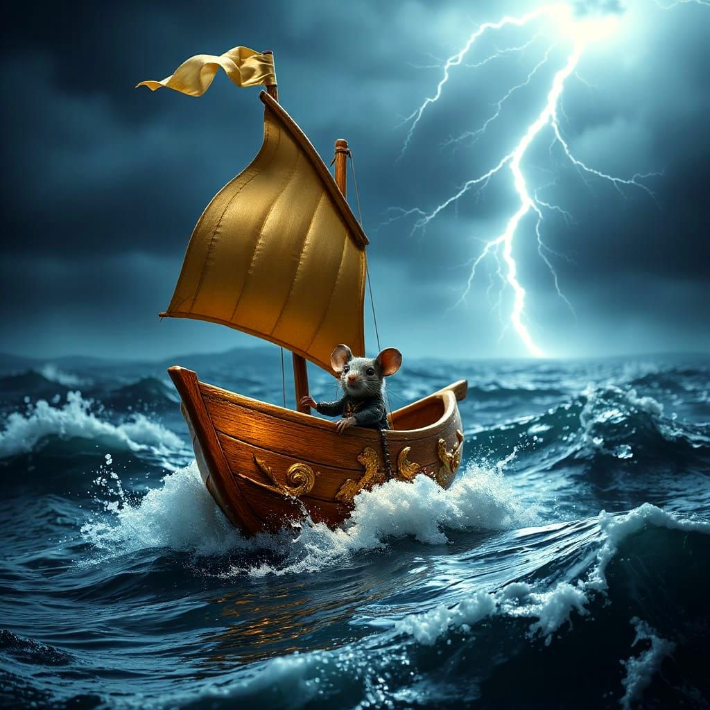 Mouse Pirate Ship Sailing Stormy Seas