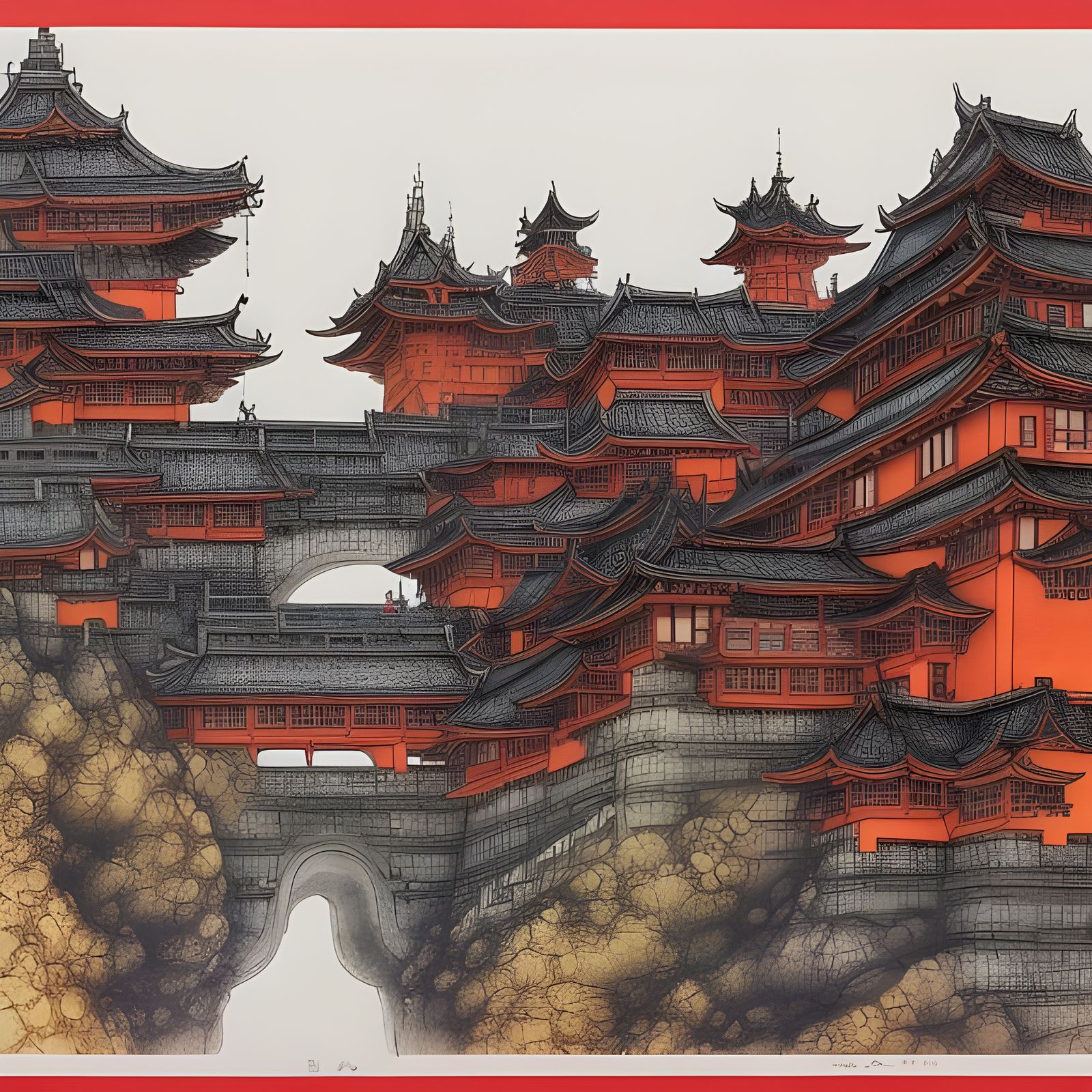 Imperial City Ink Drawing in Traditional Style