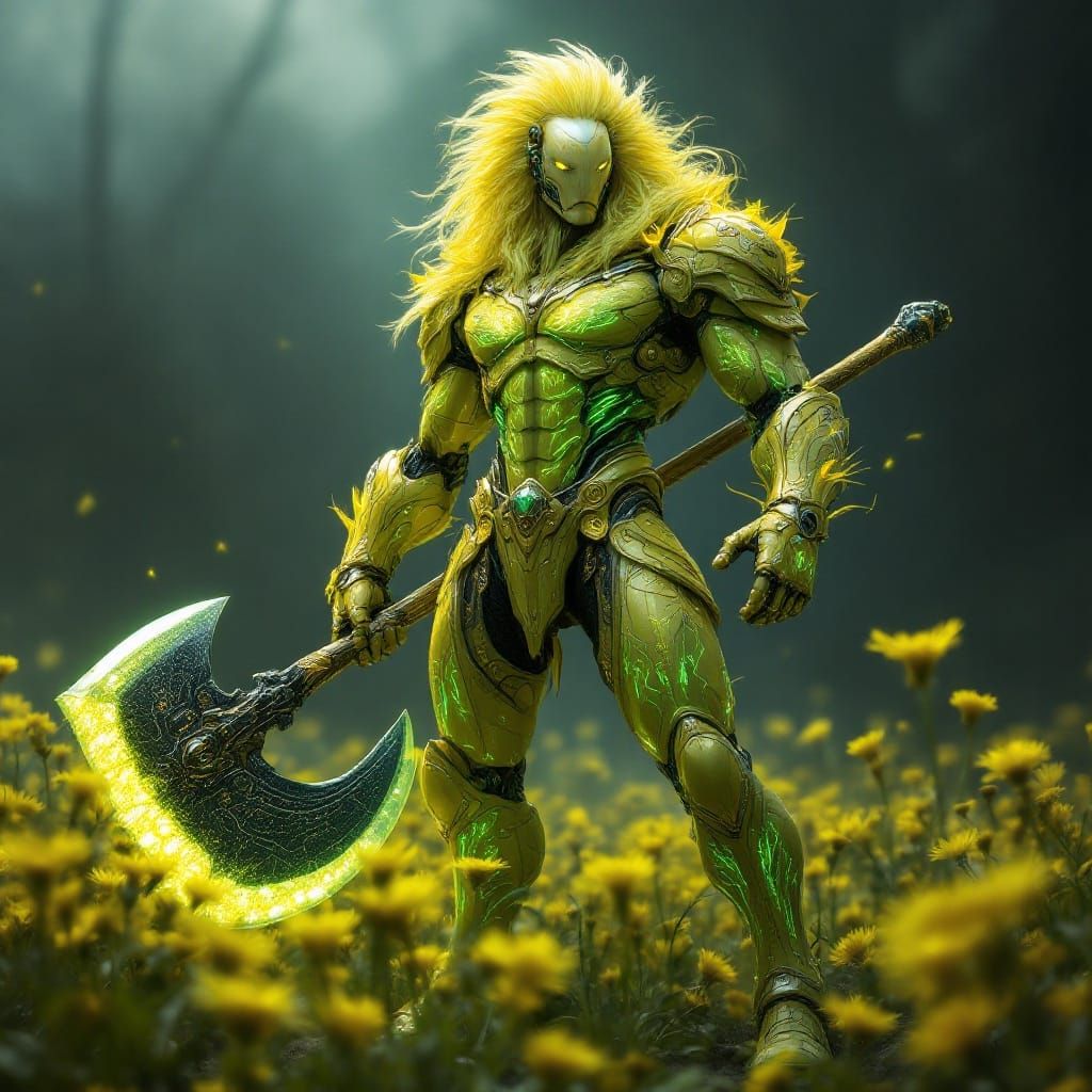 Regal Future Cyborg in Rococo-Inspired Armor, Dandelion-Insp...