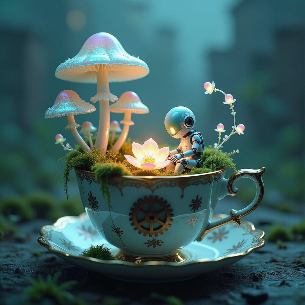 Miniature World in Cracked Teacup with Robot and Glowing Flo...