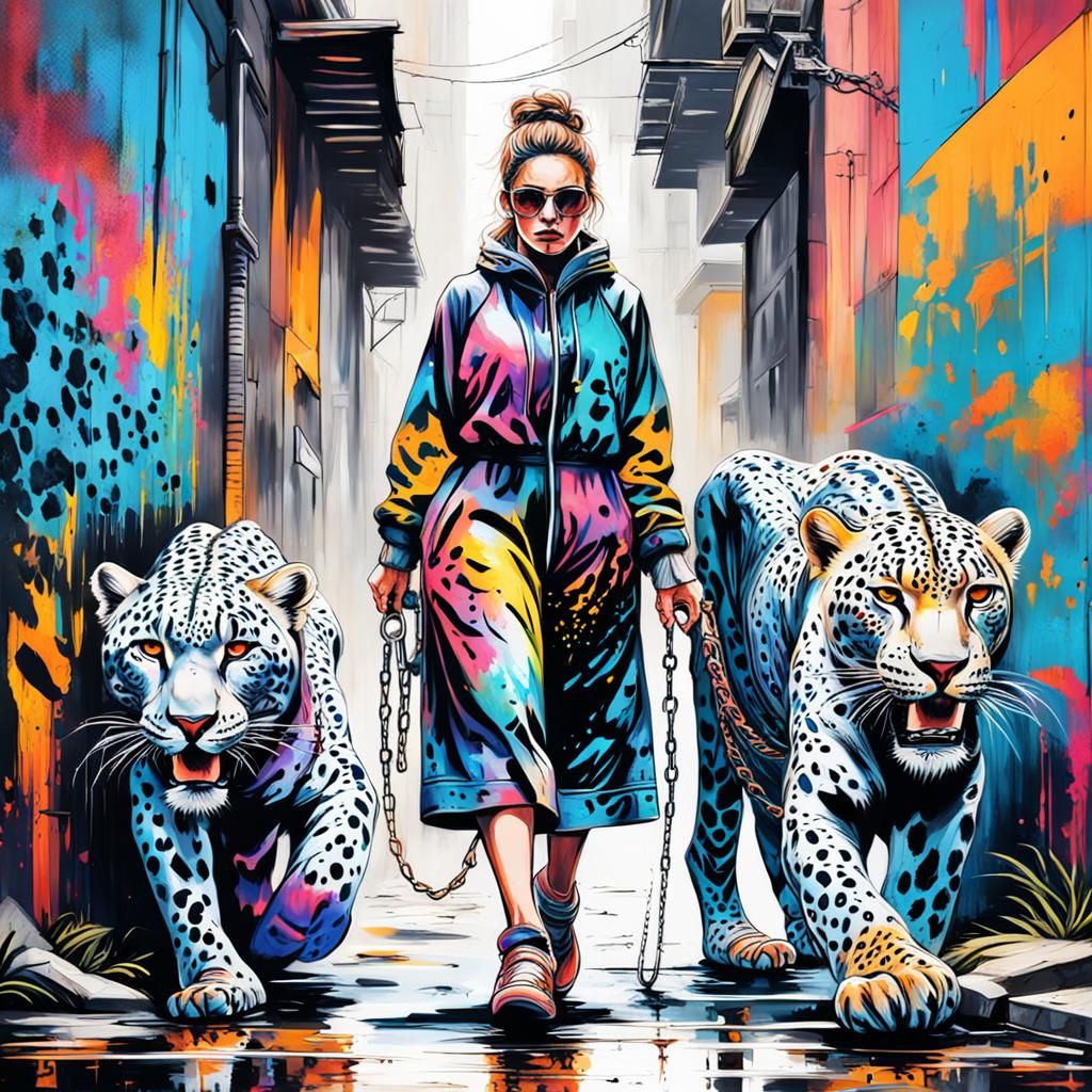 Woman with Leopards in Graffiti Street Art