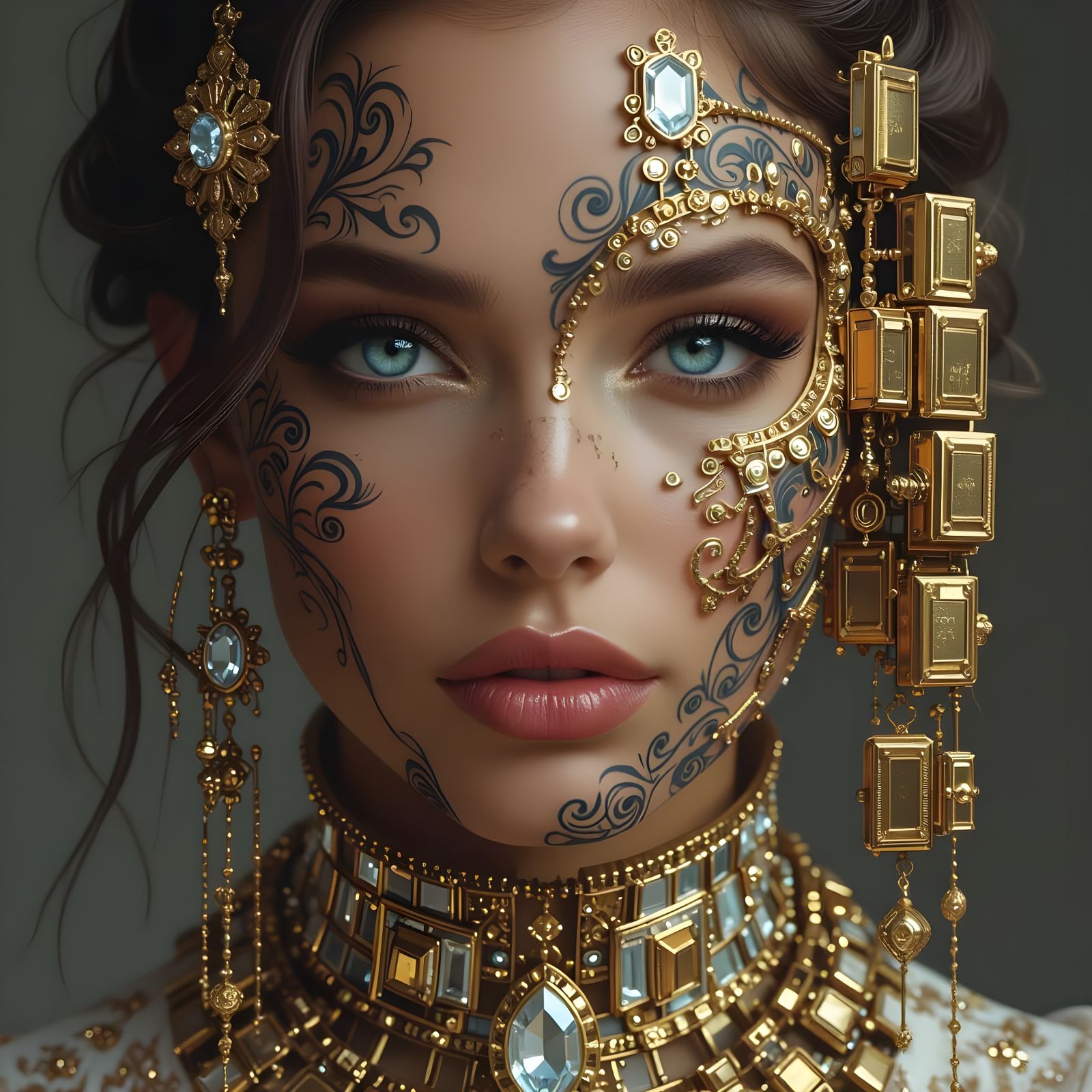 Woman with Calligraphic Tattoo and Cybernetic Implant