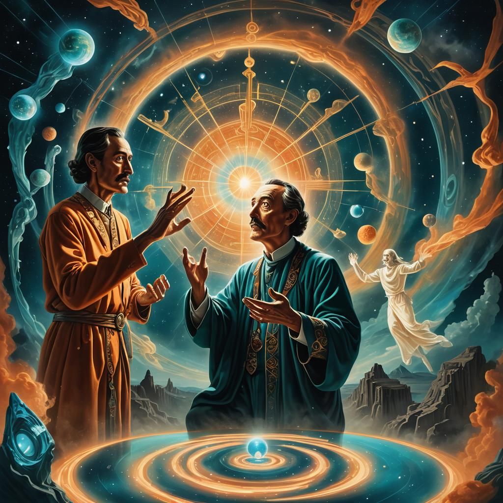 Cosmic Being Enlightens Philosopher in Surreal Realm
