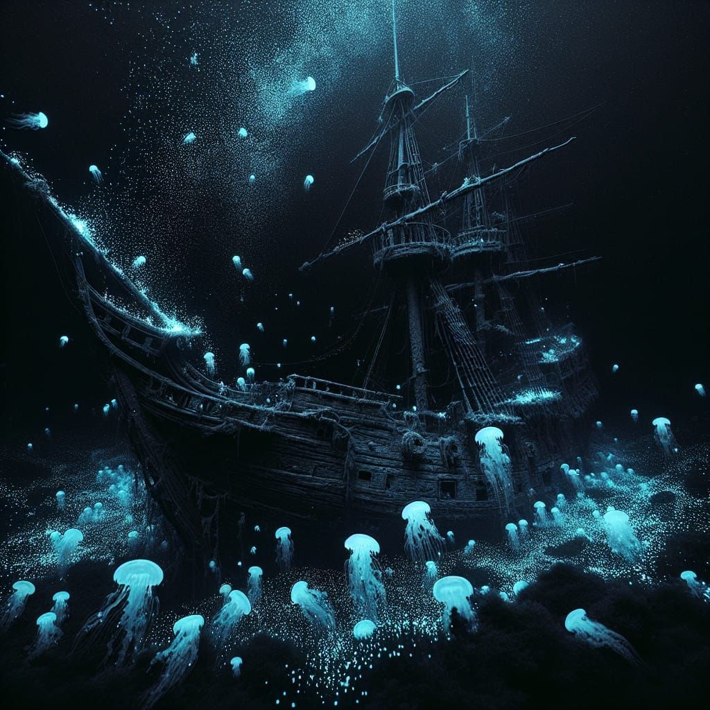 Bioluminescent Shipwreck in Abyssal Depths