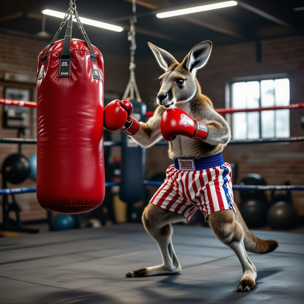 Kangaroo Boxer Sparring in Gritty Photorealistic Style