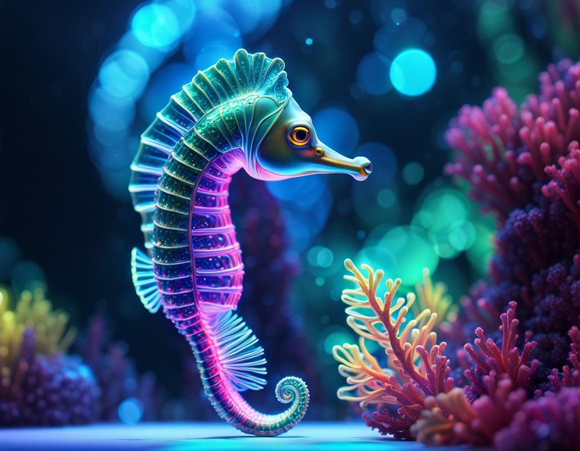 Bioluminescent Seahorse in Neon Lit Underwater Scene