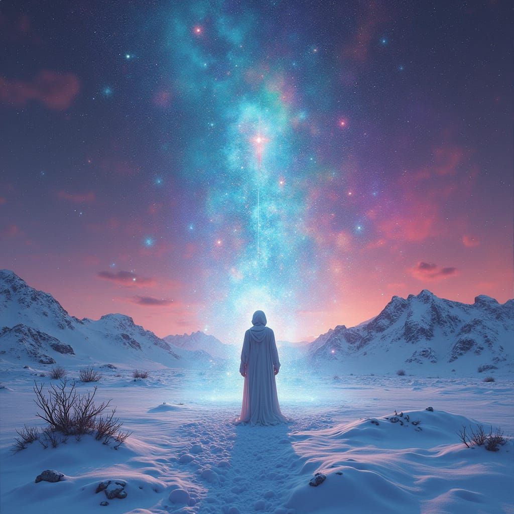 Mystical Figure in Futuristic Snowscape with Ethereal Cosmic...