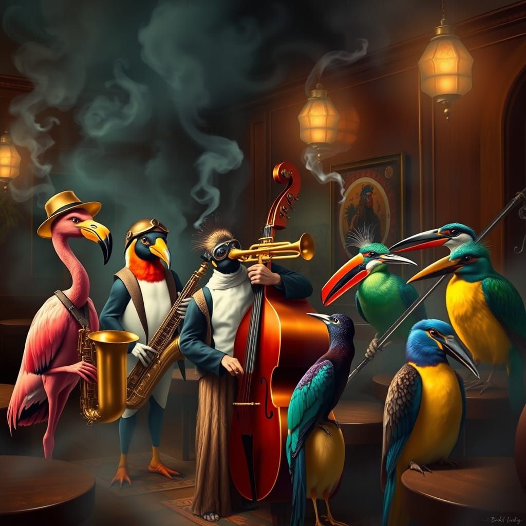 Birds in Vintage Scuba Gear Jam in a Smoky Jazz Bar