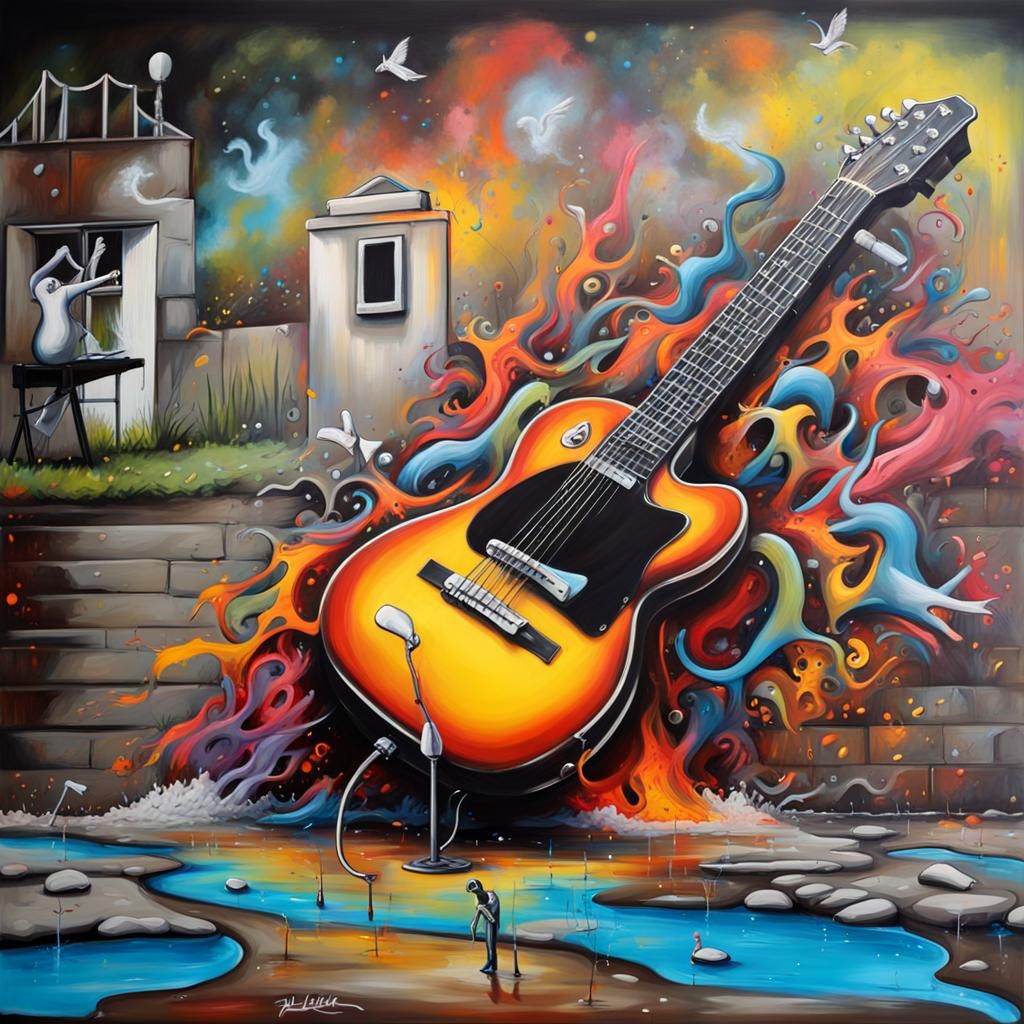 Musical Zoo: Child Dancing with Guitar in Graffiti Art