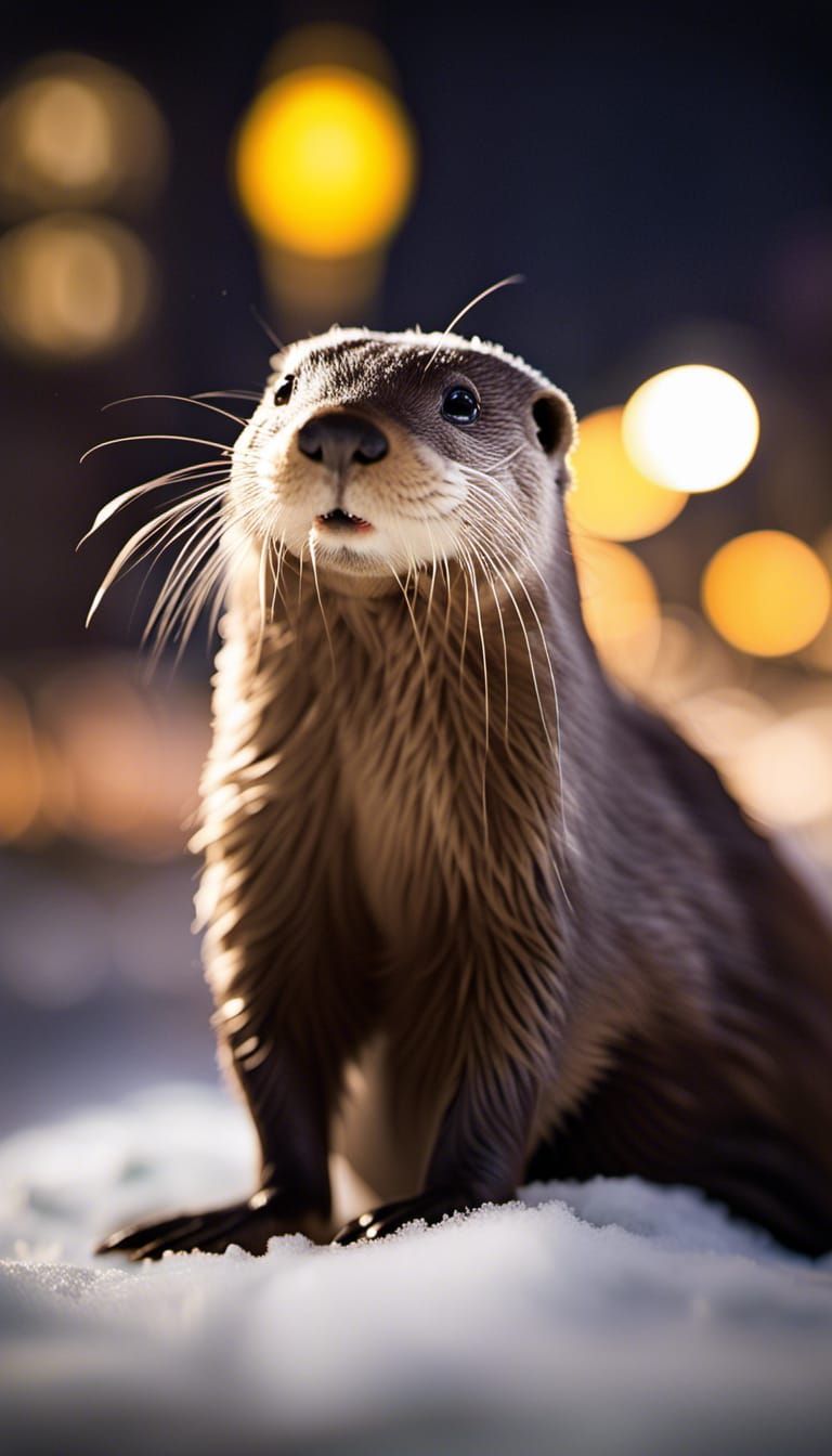 Hyperrealistic Portrait: Kermit the Otter in Winter City