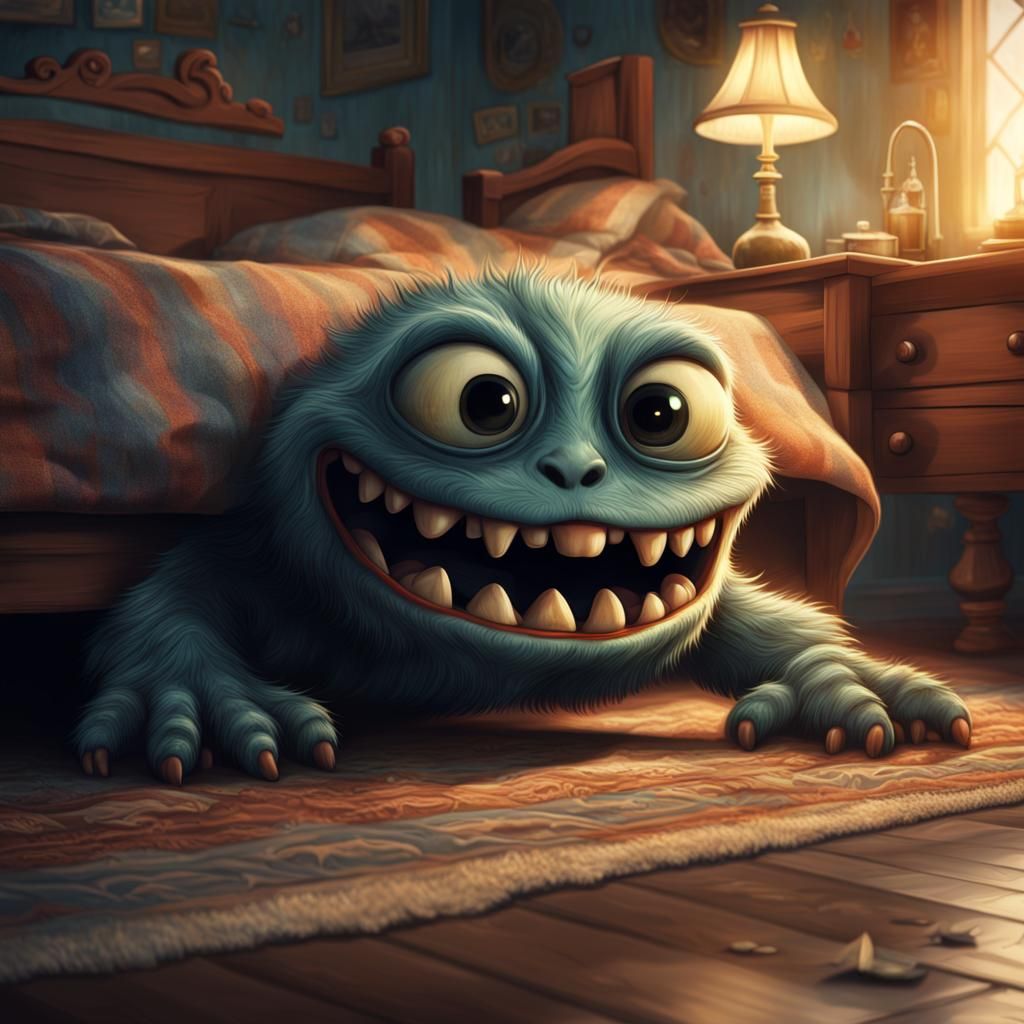Adorable Monster Hiding Under Bed: Digital Matte Painting