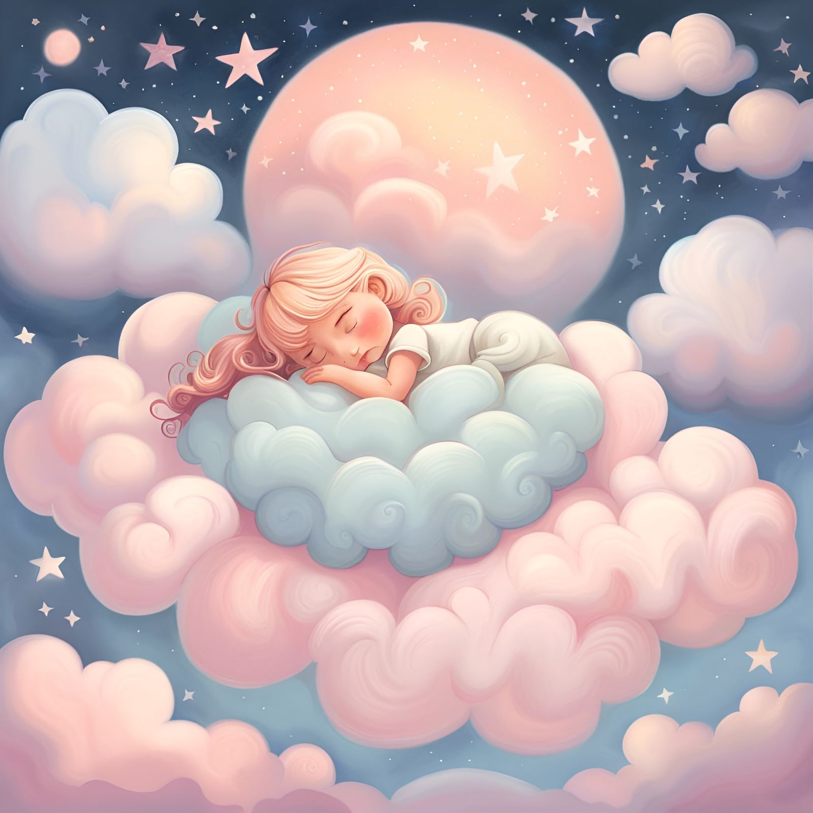Dreamy Nursery Art: Baby Girl on Cloud Bed
