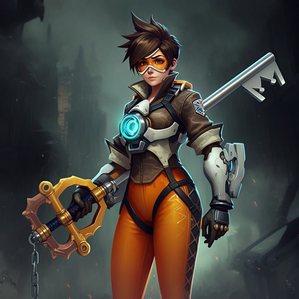 Tracer from Overwatch Wielding Keyblade in Moody Lighting
