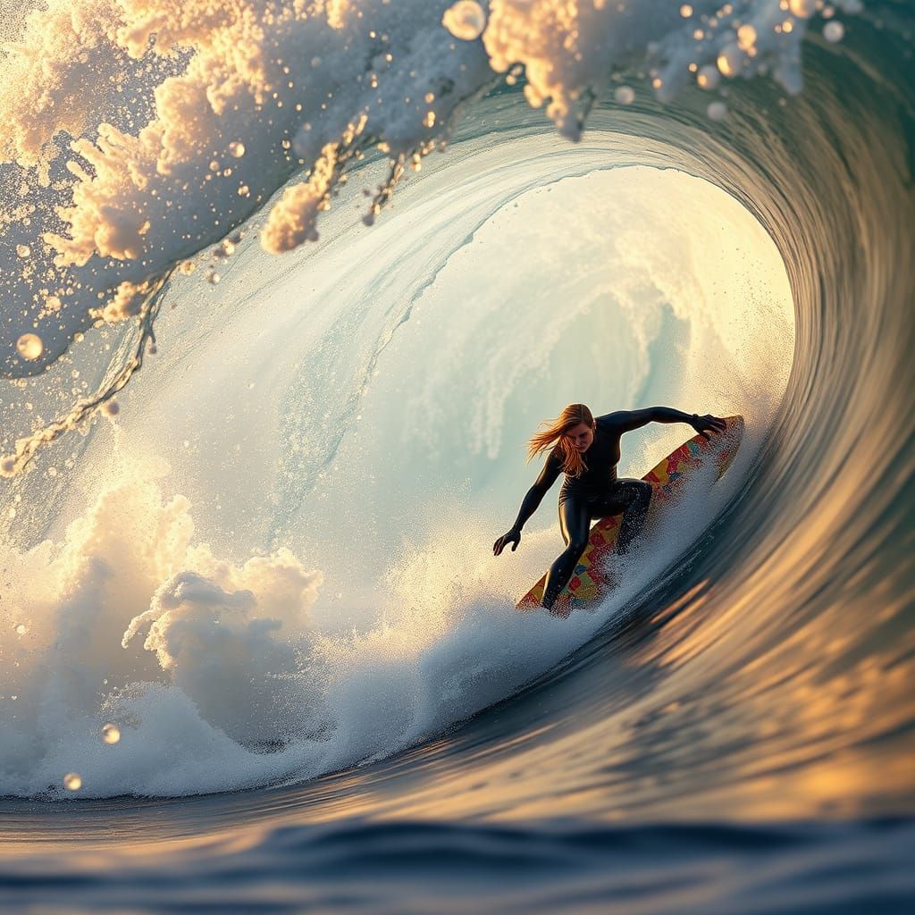 Surfer Rides Crashing Wave in Dark Fantasy Style