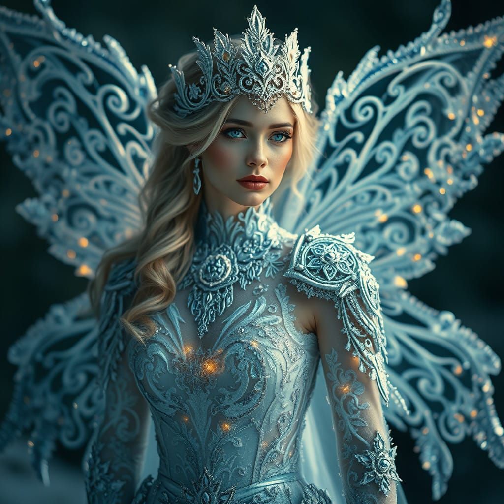 Ethereal Ice Fairy Queen in Crystal Armor with Frosty Gown