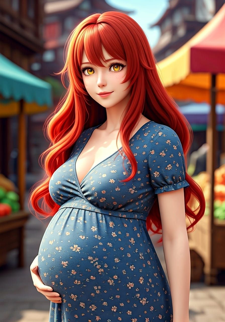 Anime Style Pregnant Woman in Market