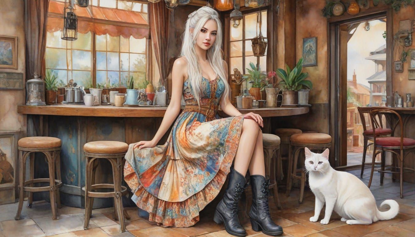 Whimsical Fantasy Watercolor of a Young Woman in a Bohemian...