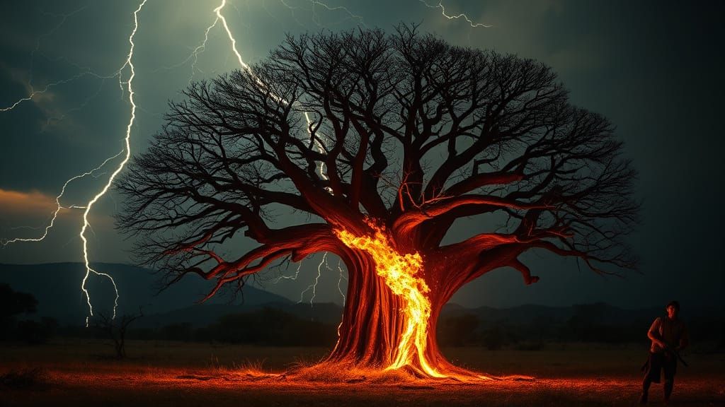 Baobab Tree Engulfed in Lightning on the Savanna