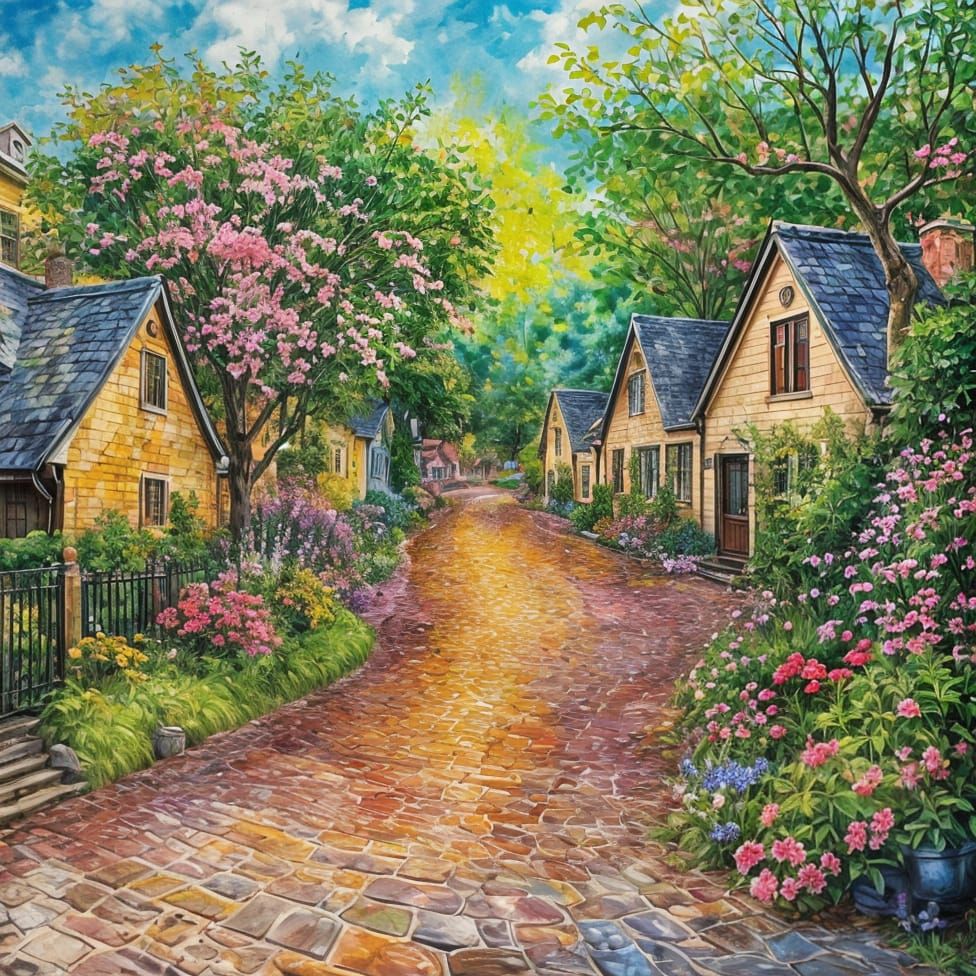 Colorful Cottagecore Landscape as Oil Painting