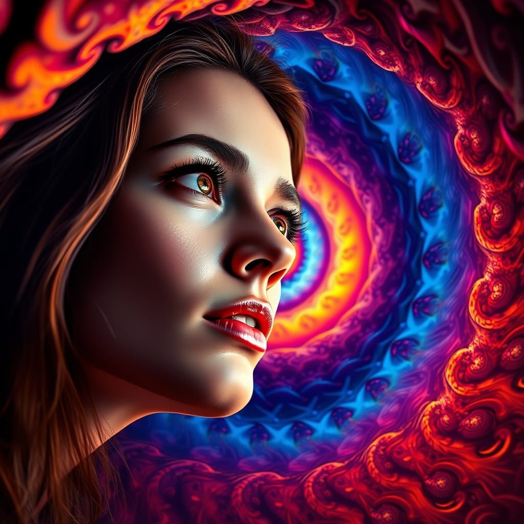 Hyperrealistic Portrait of a Woman in Awe of Infinite Fracta...