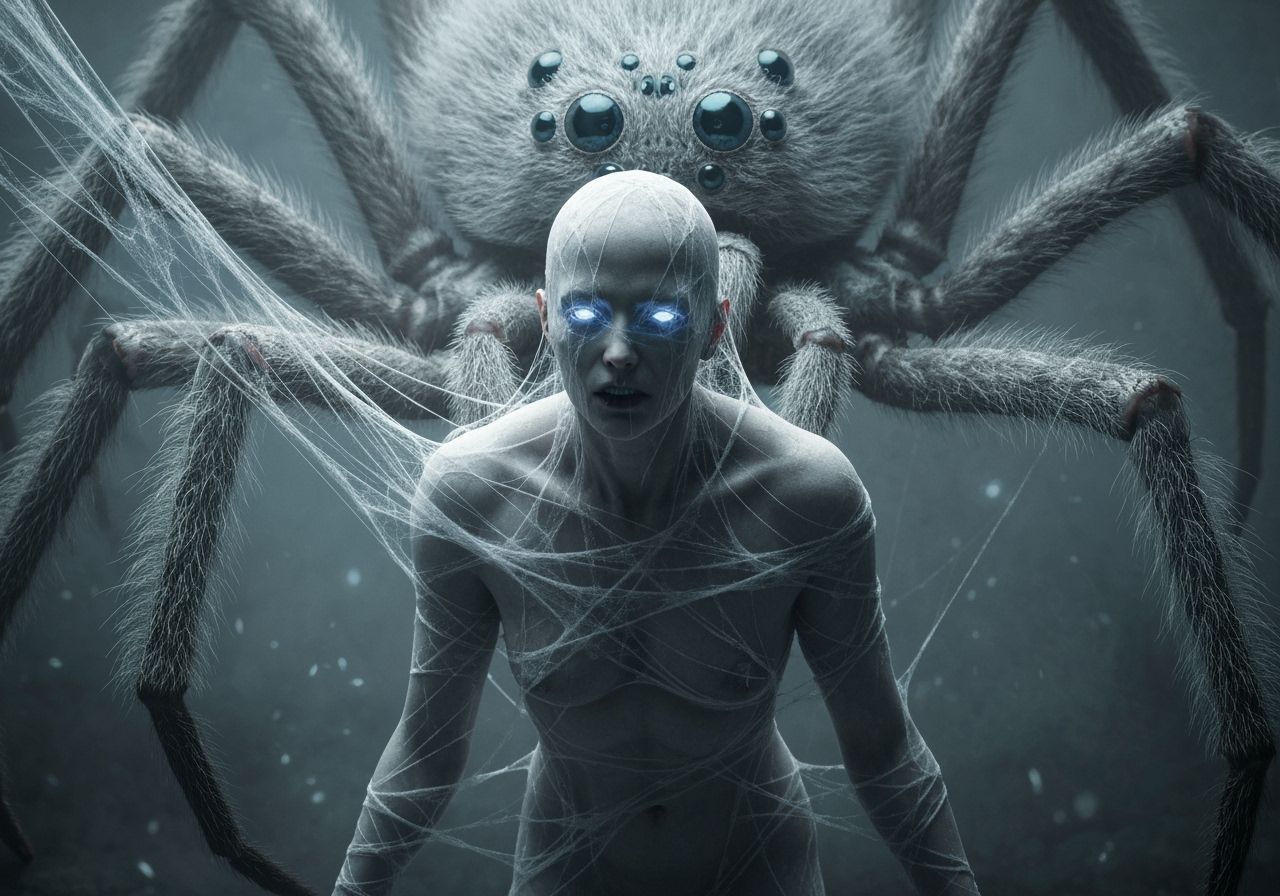 Ethereal Horror: Figure Trapped in Spiderwebs with Glowing E...