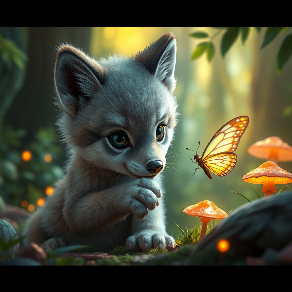 Wolf Cub and Butterfly in Mystical Forest