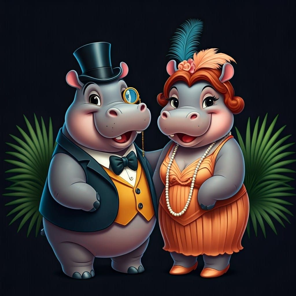 Whimsical Hippo Couple in Vibrant Disney-Style Animation