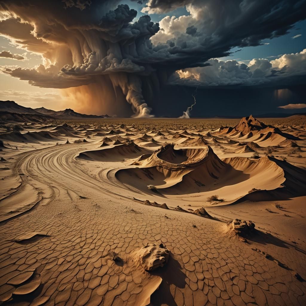 Surreal Desert Landscape with Tornados in Golden Light