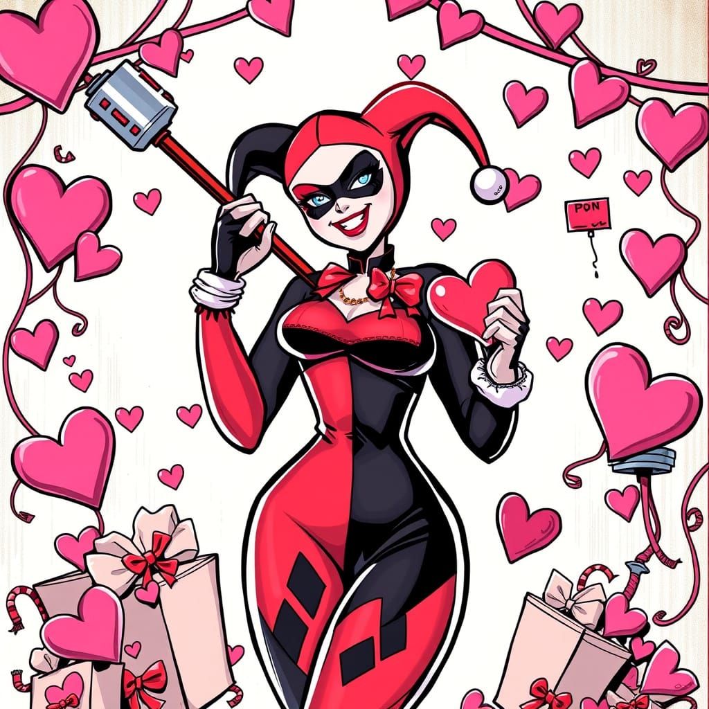 Playful Harley Quinn Celebrates Valentine's Day in Comic Boo...