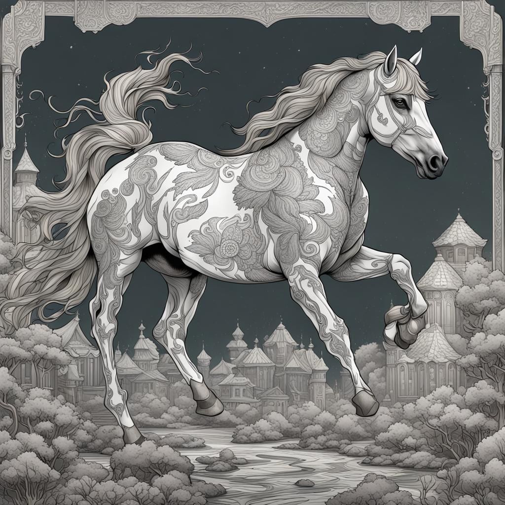 Horse Coloring Page in Detailed Matte Style