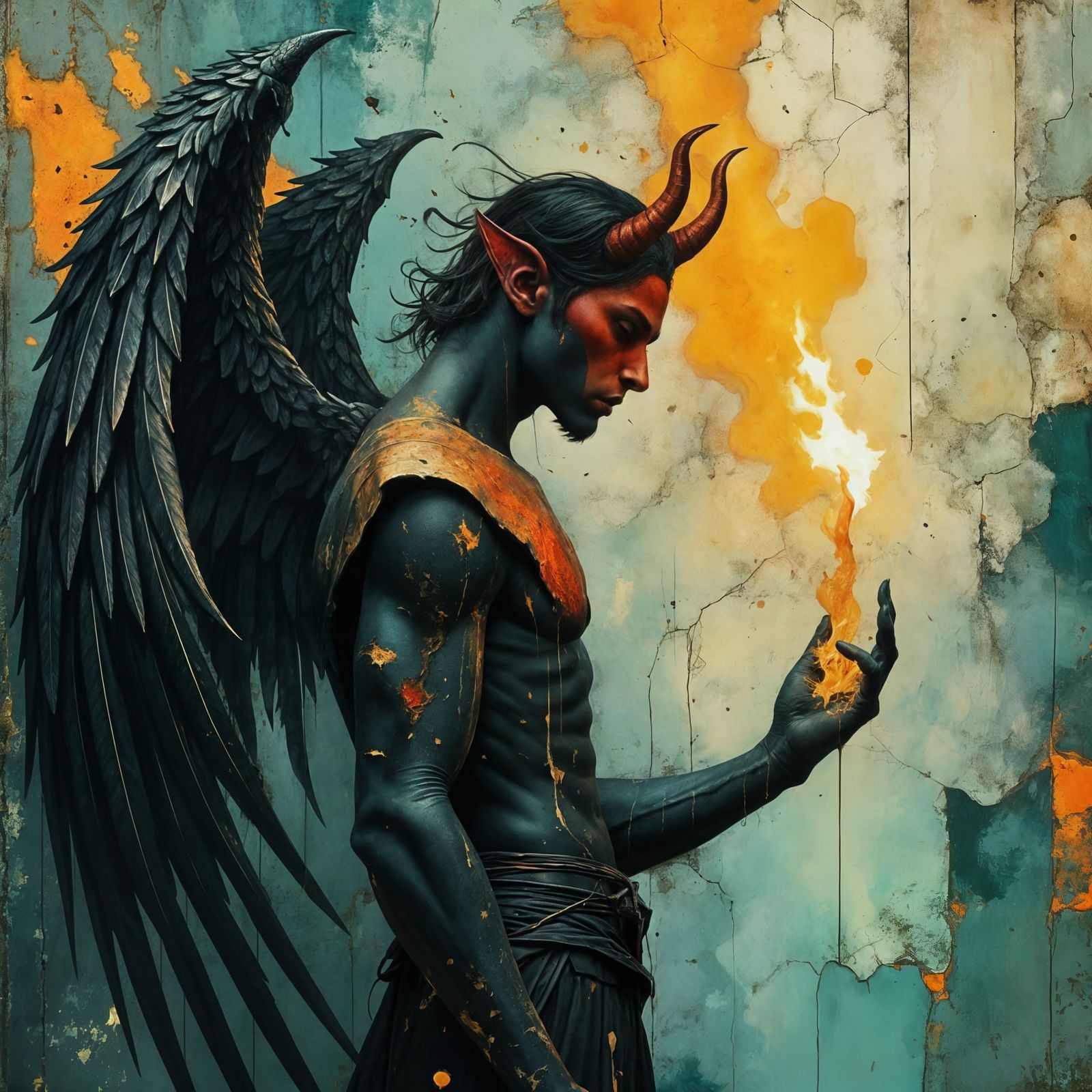 Tiefling Warrior Reaches for Fiery Truth in Dreamlike Style