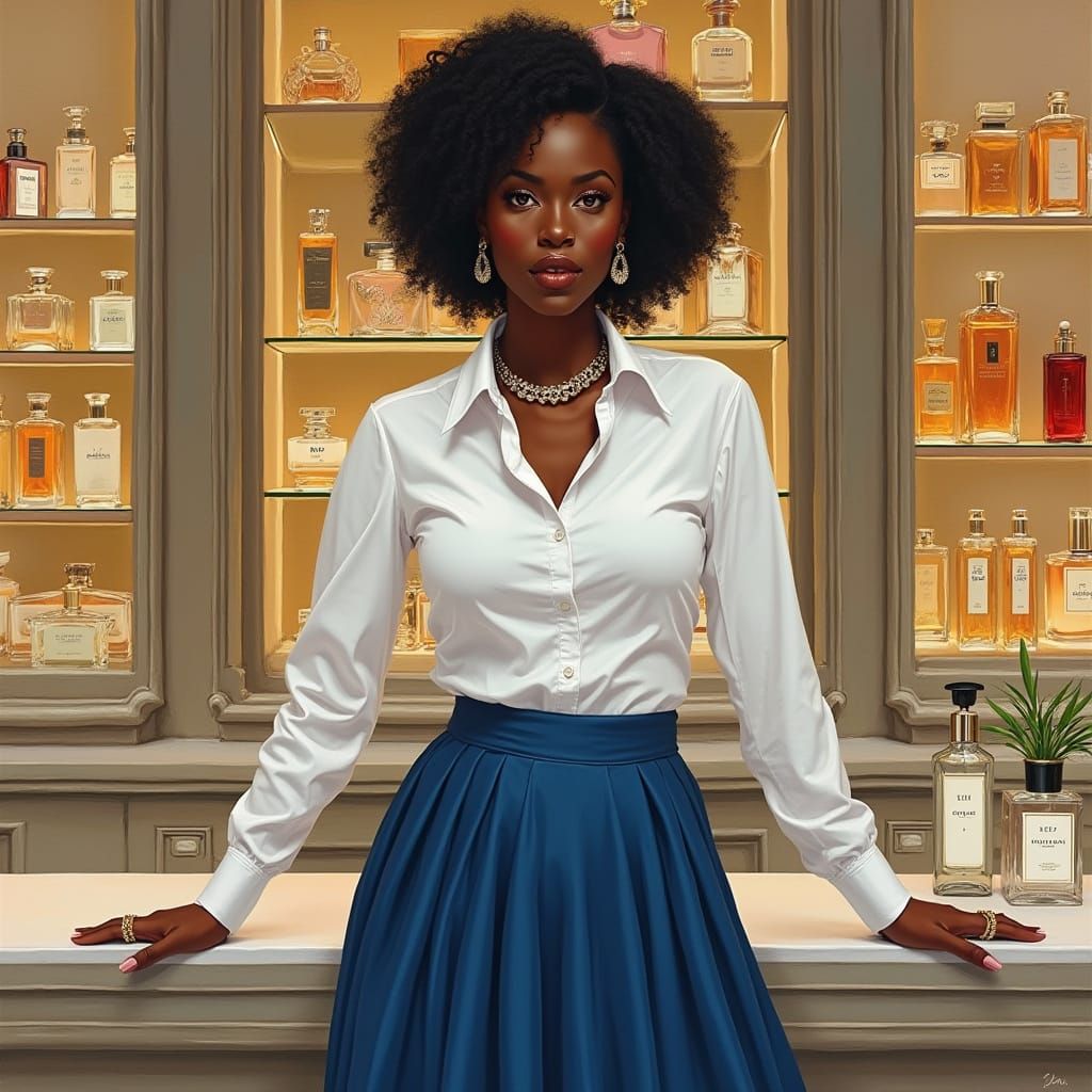 African American Woman in Elegant White Attire Behind Perfum...